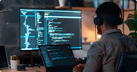 Desenvolvedor de fones de ouvido programando em notebook conectado a monitor grande, com código na tela.